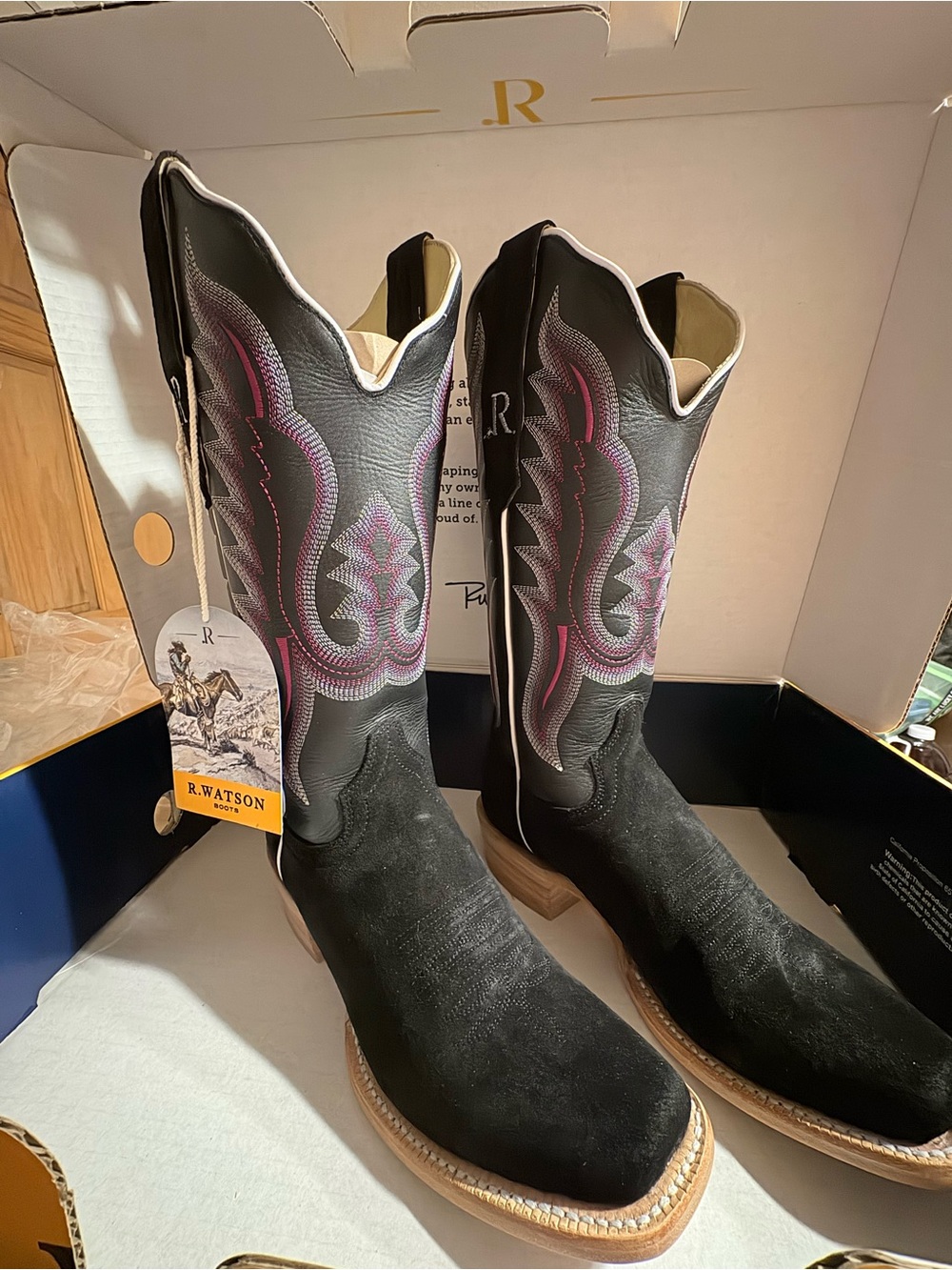 R. Watson Black Suede Western Boots with Pink Embroidery